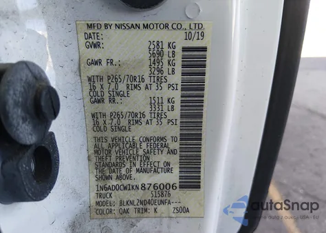 2019 Nissan Frontier Sv z USA, uszkodzony, nr VIN 1N6AD0CW1KN876006